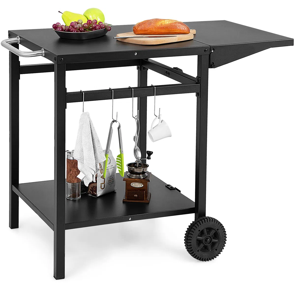 COSTWAY Carrello per Barbecue, Carrello di Servizio con Ruote e 4 Ganci, Pannello Laterale Pieghevole, Carrello Cucina Multiuso per Forno da Pizza, per Casa Cortile Patio e Giardino