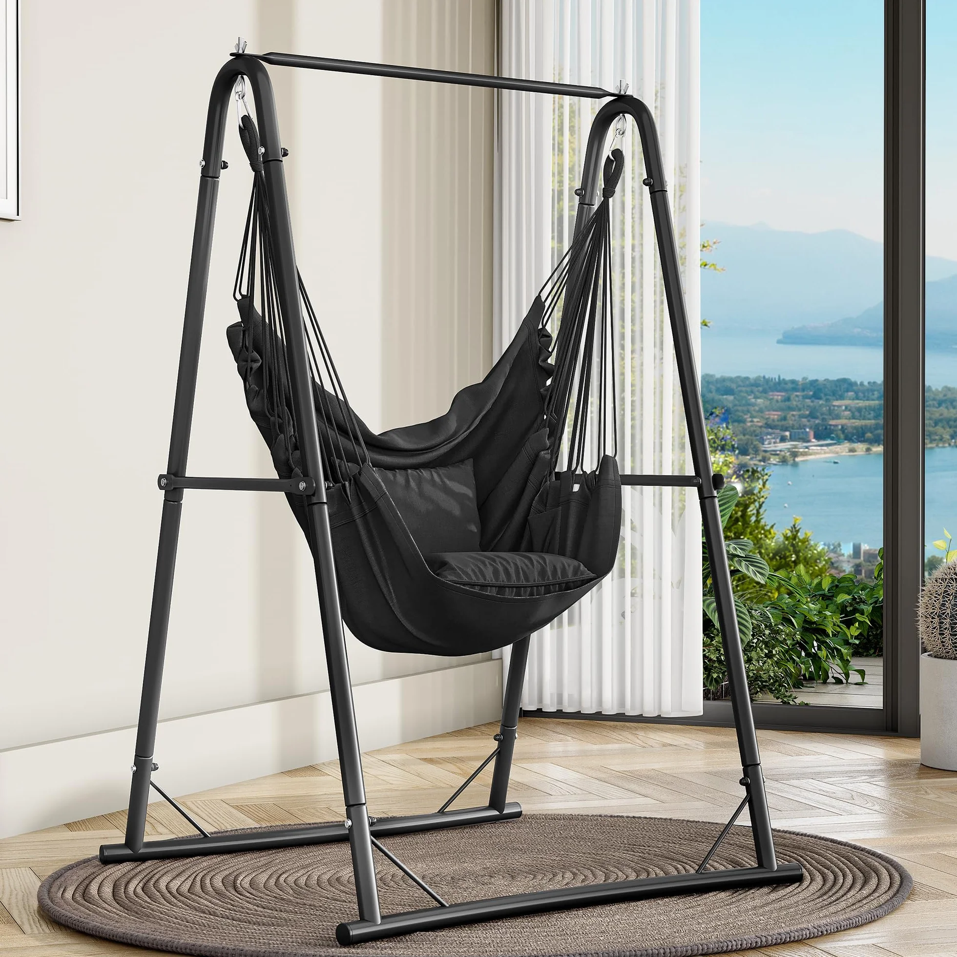 YITAHOME Poltrona sospesa con telaio 105 x 93 x 160 cm, stabile struttura in acciaio, supporto per amaca con altalena sospesa, carico massimo 150 kg, sedia a dondolo con 2 ganci e 2 cuscini per