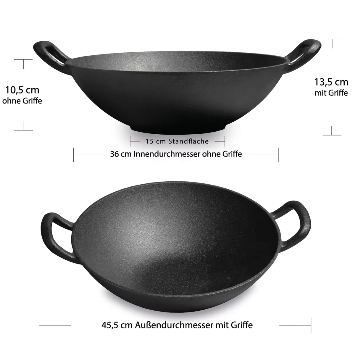 Wok in 100% ghisa con superficie smaltata, diametro 36 cm, grande, grill, induzione, fuoco, barbecue a gas, padella wok, con guanti da barbecue di alta qualità