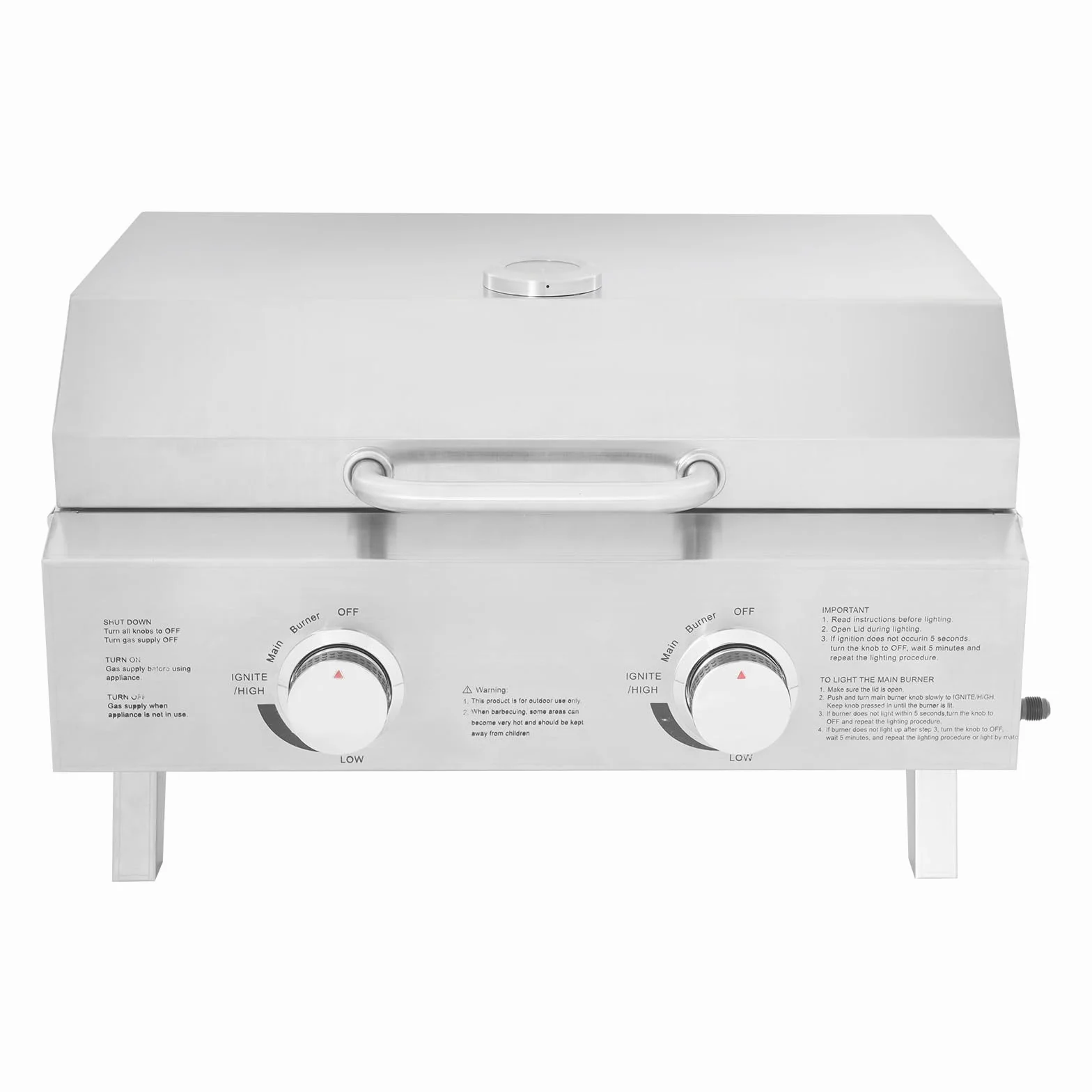 Barbecue a gas in acciaio inox, portatile con 2 fuochi, griglia pieghevole per cortile, giardino, terrazza e picnic, 22 x 18 x 15 pollici