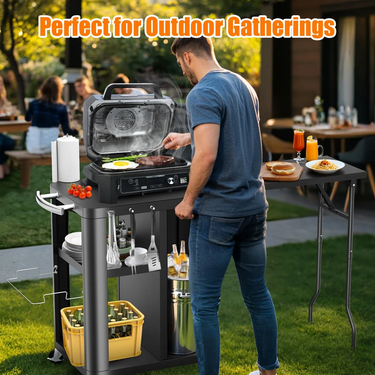 GFTIME Carrello per barbecue, tavolo con tavolino pieghevole, cucina all'aperto con gancio, scaffale e armadio, carrello da portata con ruote, cucina esterna, 143 x 37 x 89 cm