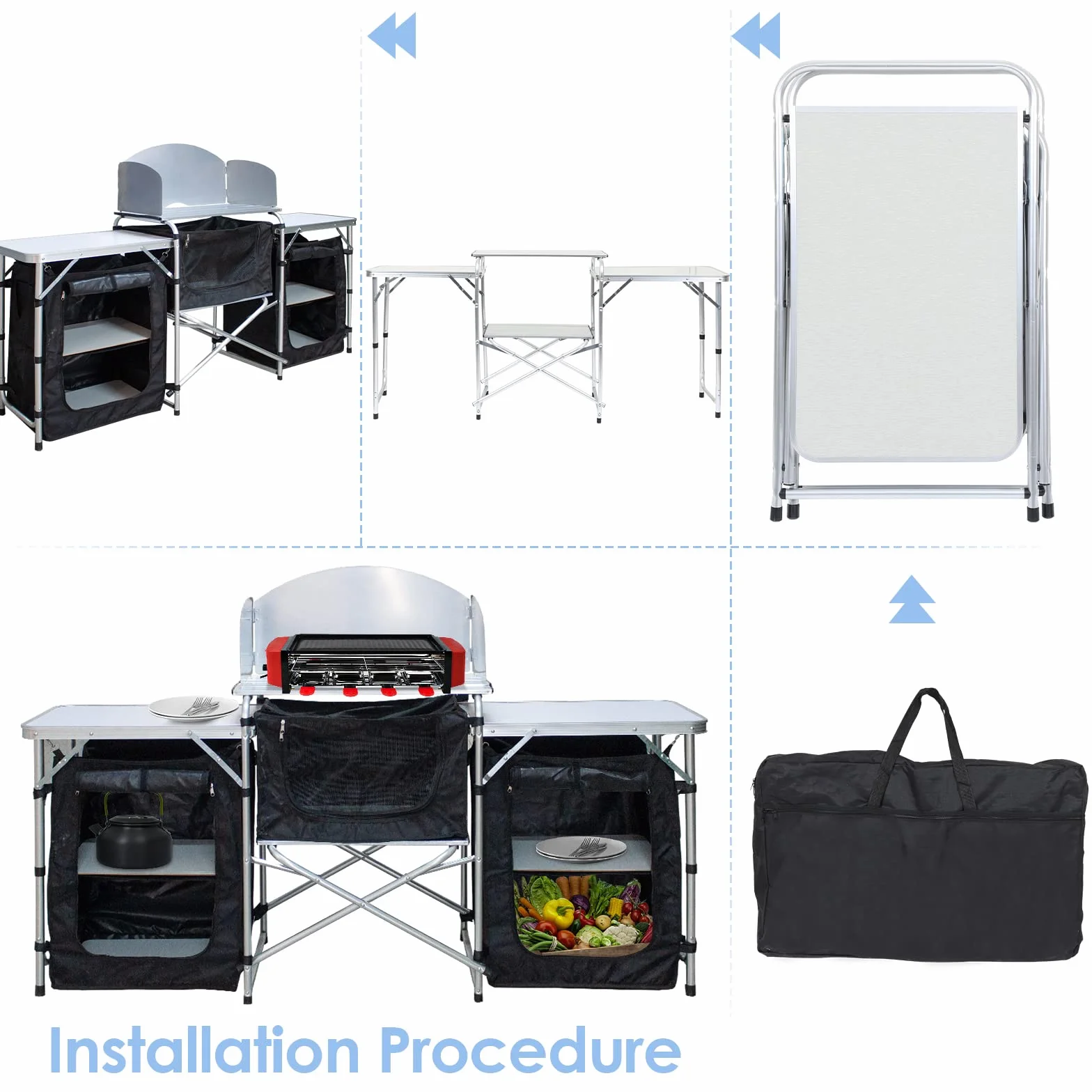 Cucina da Campeggio con Paraspruzzi, Mobile da Campeggio con Borsa da Trasporto e Telaio in Alluminio, Mobiletto da Campeggio All'aperto Regolabile in Altezza e Pieghevole per Picnic