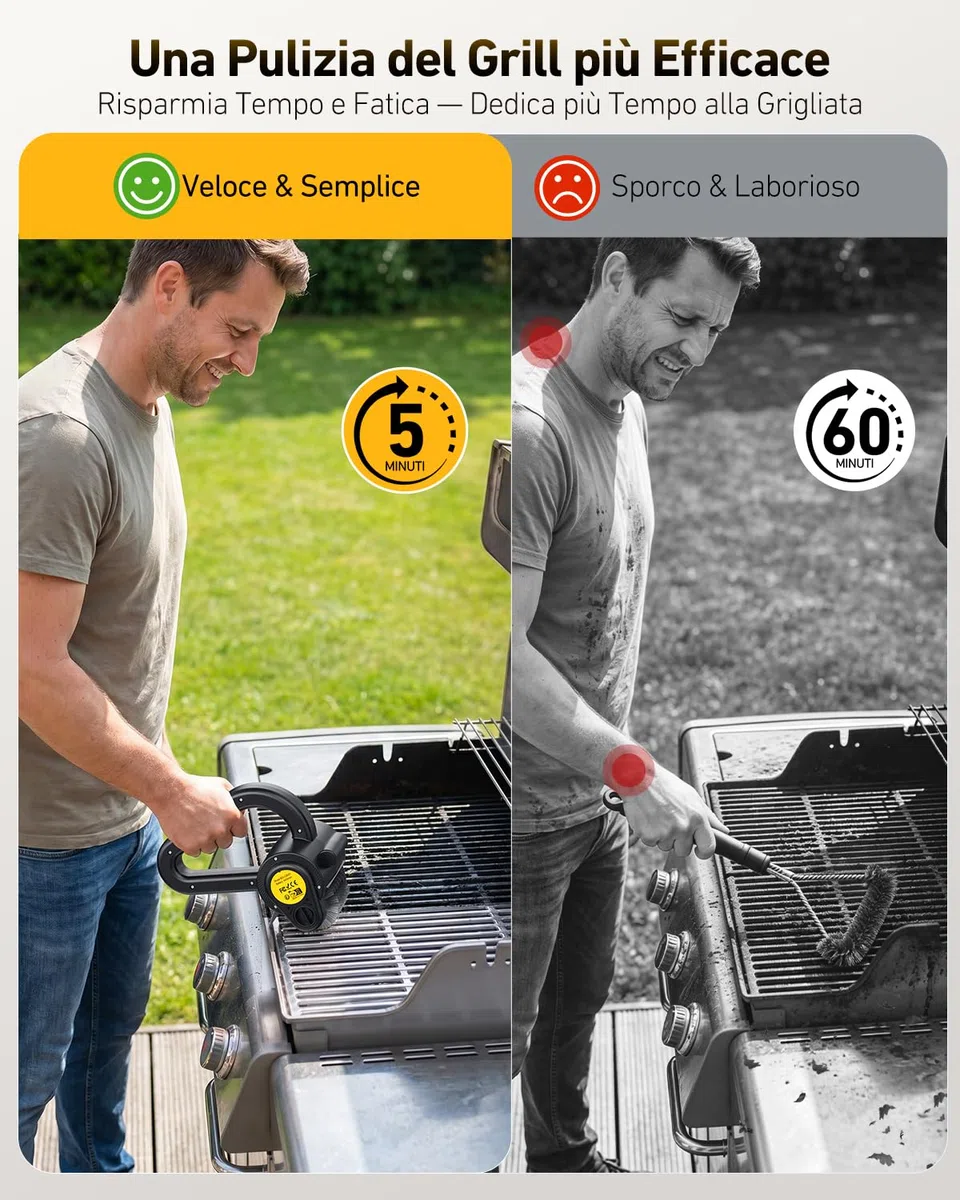 Spazzola Elettrica per Barbecue, Pulisci Griglia BBQ Elettrico Ricaricabile con Testina in Acciaio Inossidabile, Luce LED, Autonomia 150 Min, Grill Brush Griglie per Alla Maggior Parte dei BBQ, Nero