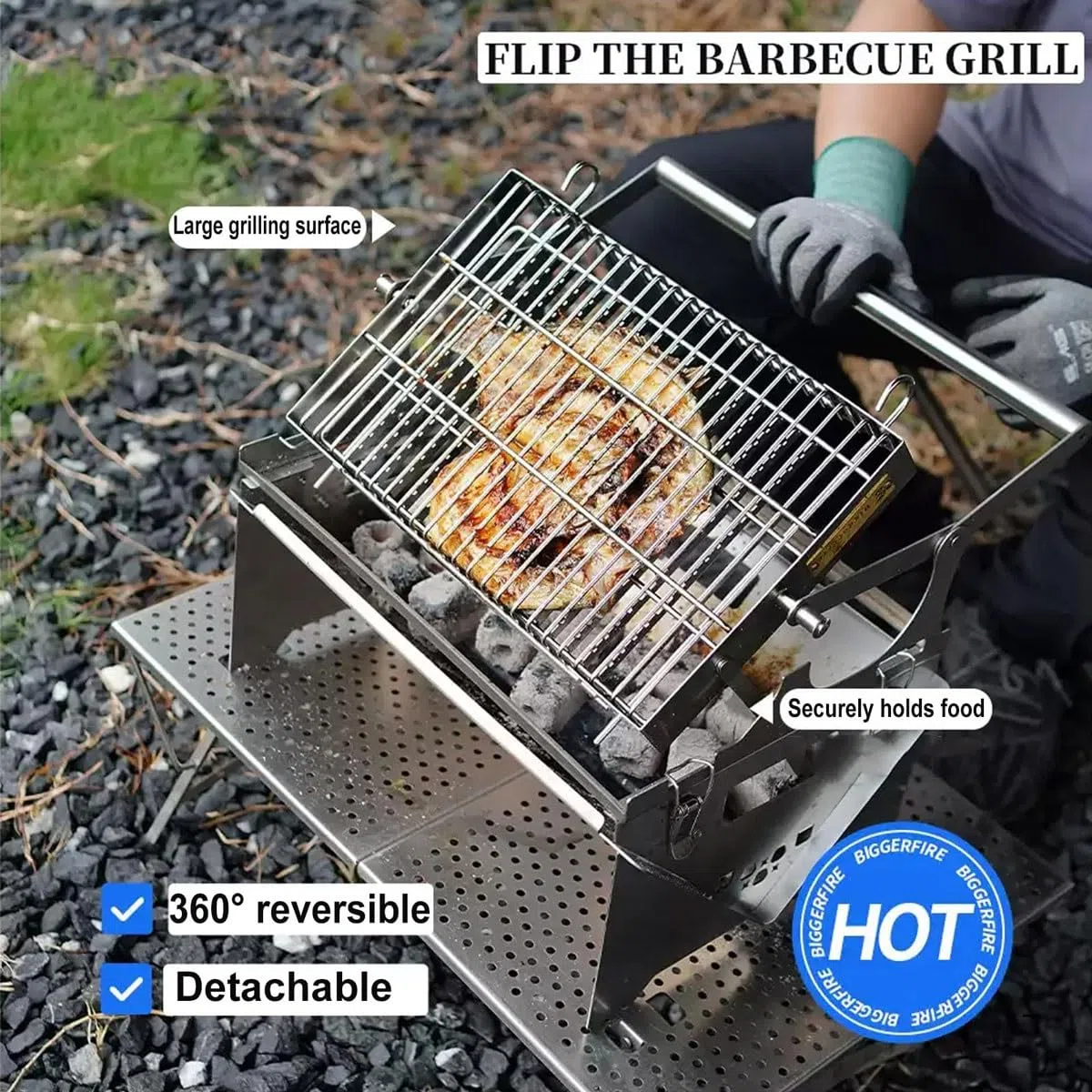 Griglia a carbone portatile girevole a 360°,griglie for barbecue girevoli in acciaio inossidabile con vassoio rimovibile e telaio in acciaio regolabile,griglia for barbecue a carbone portatile