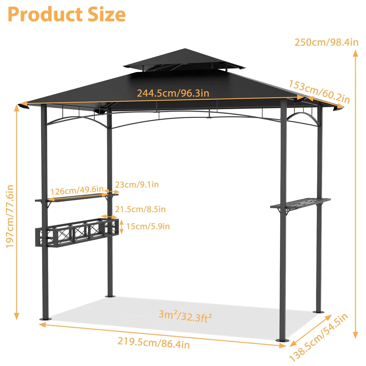 UISEBRT Gazebo per barbecue resistente all'inverno con telaio in metallo e tetto in poliestere, 245 x 153 x 250 cm, protezione da pioggia e sole, include cestino portaoggetti, gazebo per