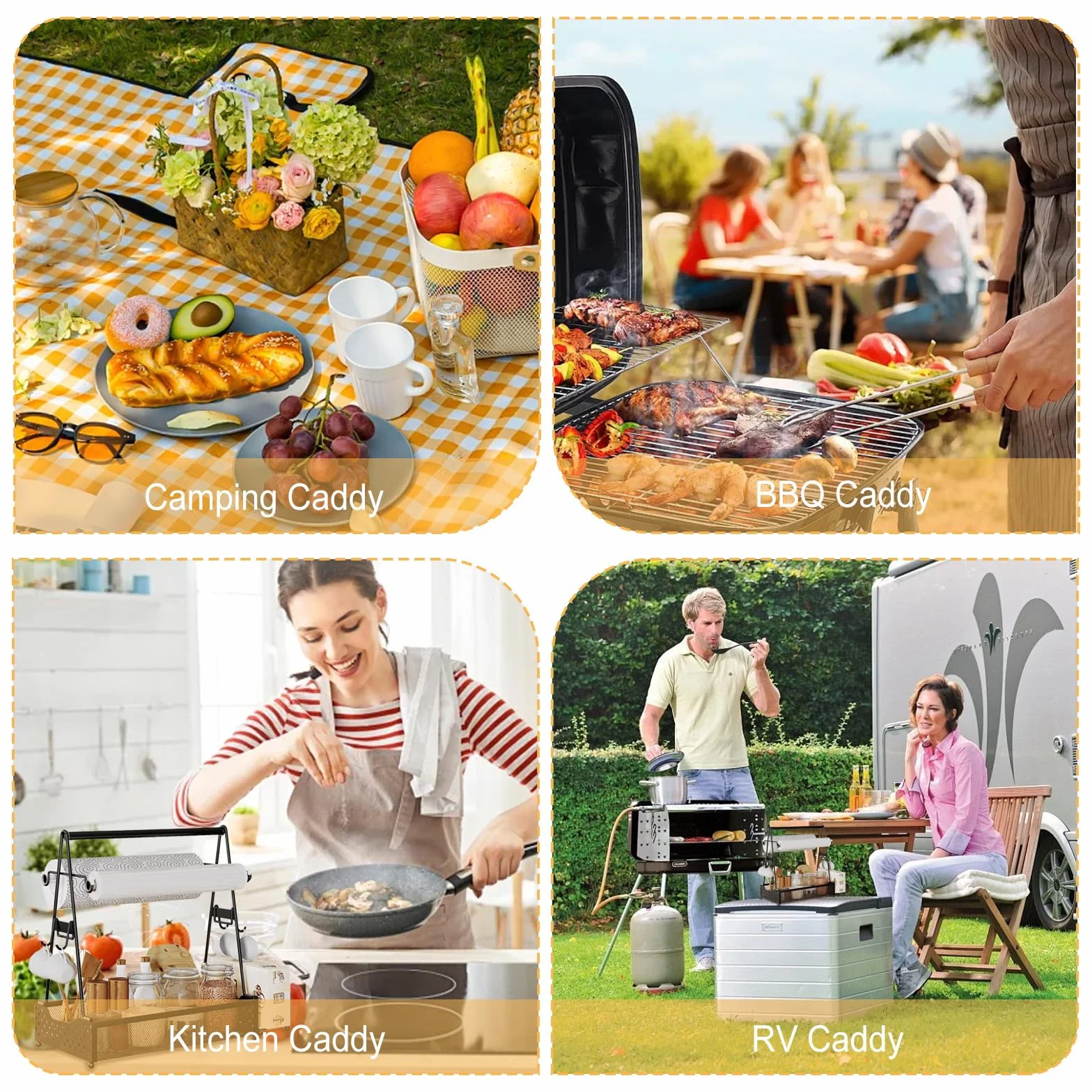 Grill Caddy, contenitore per utensili da barbecue, con porta asciugamani di carta e 4 ganci, in metallo, accessori da campeggio, organizer per cucina all'aperto