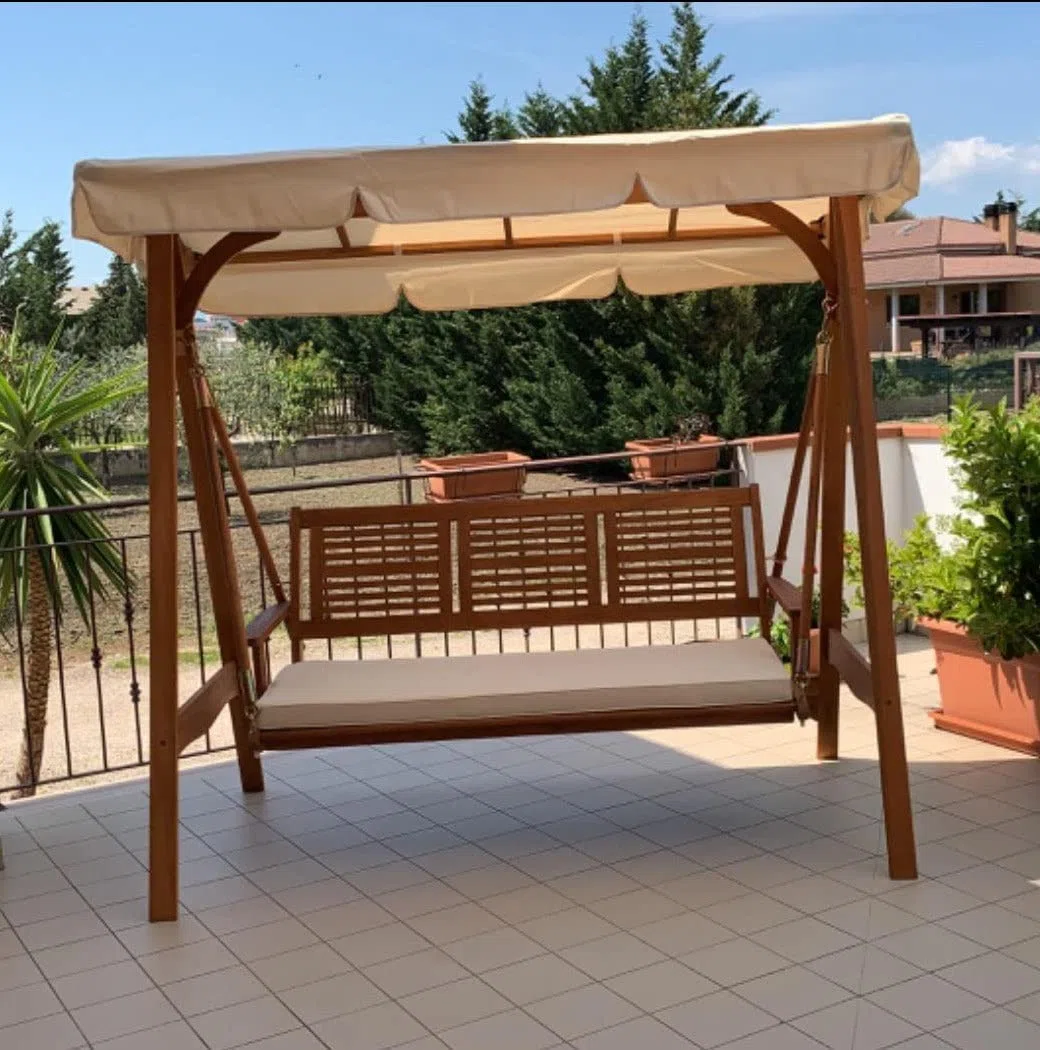 Dondolo 3posti legno di acacia tettuccio bianco arredo esterno giardino AC805055