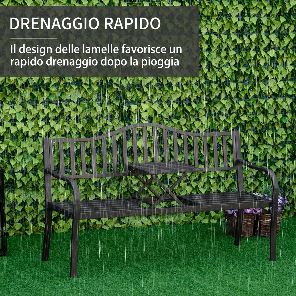 Outsunny Panchina da Giardino a 2-3 Posti in Metallo, Panchina da Esterno con Tavolino Sollevabile, Schienale a Doghe e Braccioli, per Balcone Esterno e Patio, 150x58.5x90 cm, Nero