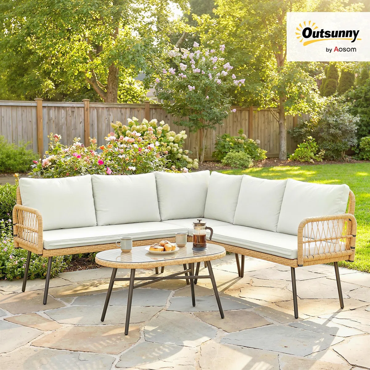 Outsunny Set Salotto da Giardino in Rattan 4 Pezzi, Salottino da Giardino Esterno ad L con 2 Divani 2 Posti, Angolo, Tavolino da Caffè, Cuscini, Struttura in Acciaio, per Balcone Patio, Naturale/Crema