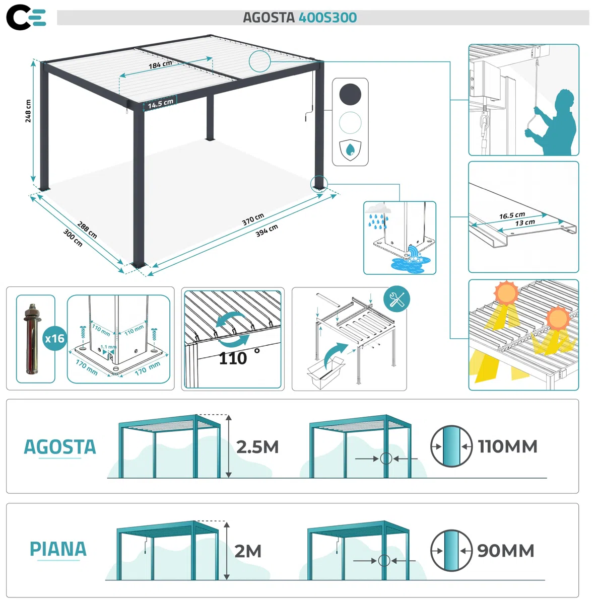 Cazeboo Pergola bioclimatica autoportante AGOSTA 4x3, altezza 250 cm - Alluminio grigio con doghe bianche