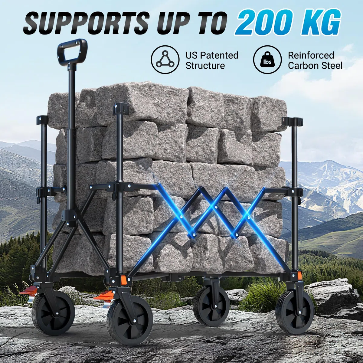 Elegear 200L Carrello Spiaggia Portatutto Regolabile, Carrello Pieghevole con Ruote Tutti i Terreni con Freno, Carrello Campeggio Trolley Carrello da Trasporto Giardino Supermercato Mare Carico 200KG