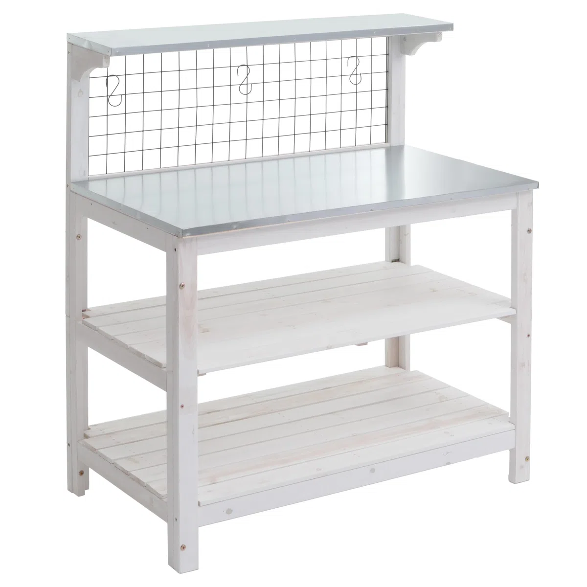 Mendler Tavolo giardinaggio piante HWC-N55, scaffale per fiori, piano zincato legno certificato MVG, 117x102x56cm - bianco