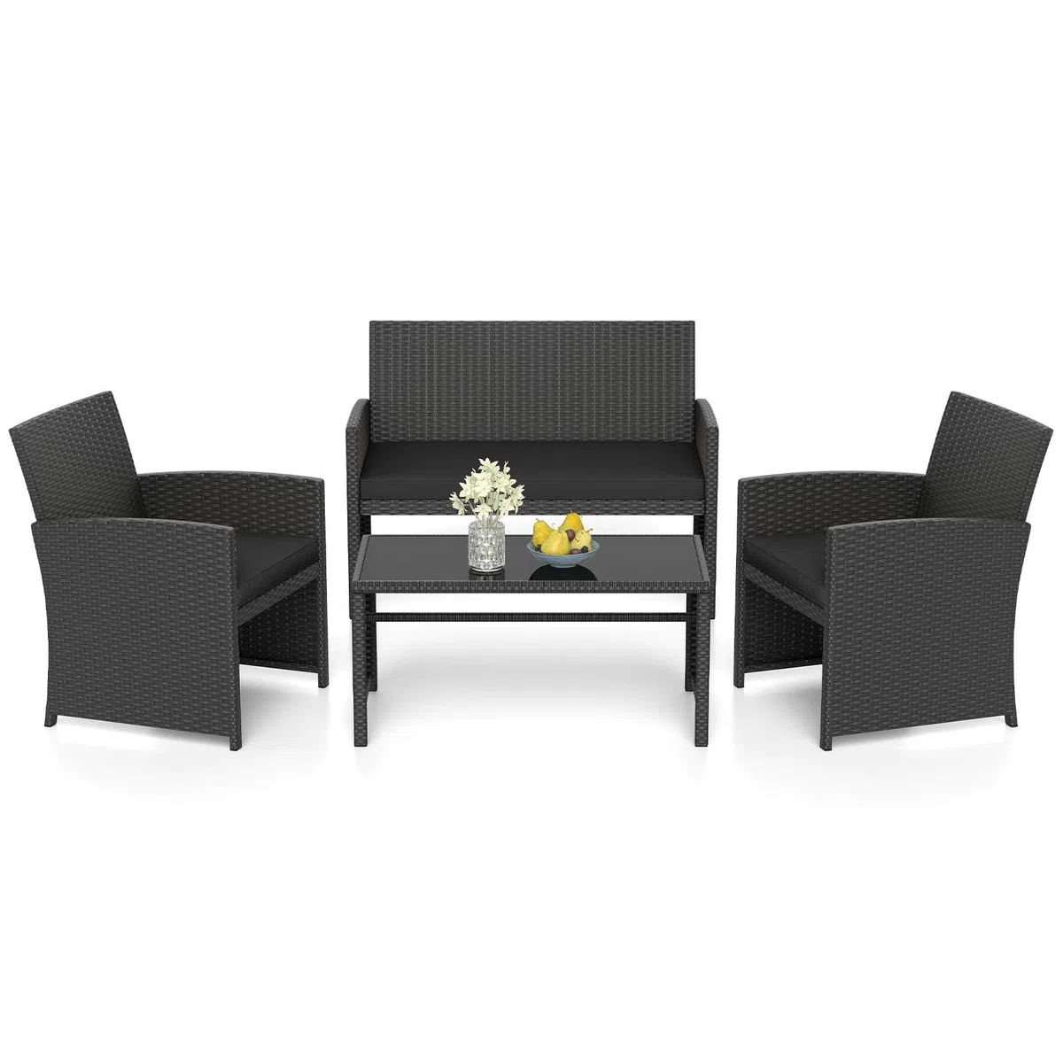 GIANTEX Set Salotto Esterno 4 Pezzi in Rattan PE, Divano 2 Posti + 2 Poltrone + Tavolo Basso con Piano in Vetro, Arredamento da Giardino per Terrazza e Patio, Nero