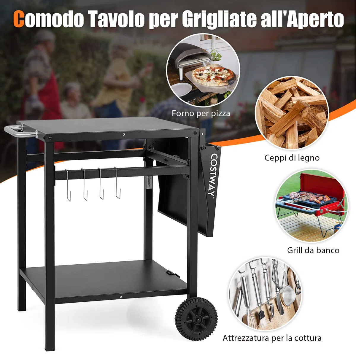 COSTWAY Carrello per Barbecue, Carrello di Servizio con Ruote e 4 Ganci, Pannello Laterale Pieghevole, Carrello Cucina Multiuso per Forno da Pizza, per Casa Cortile Patio e Giardino
