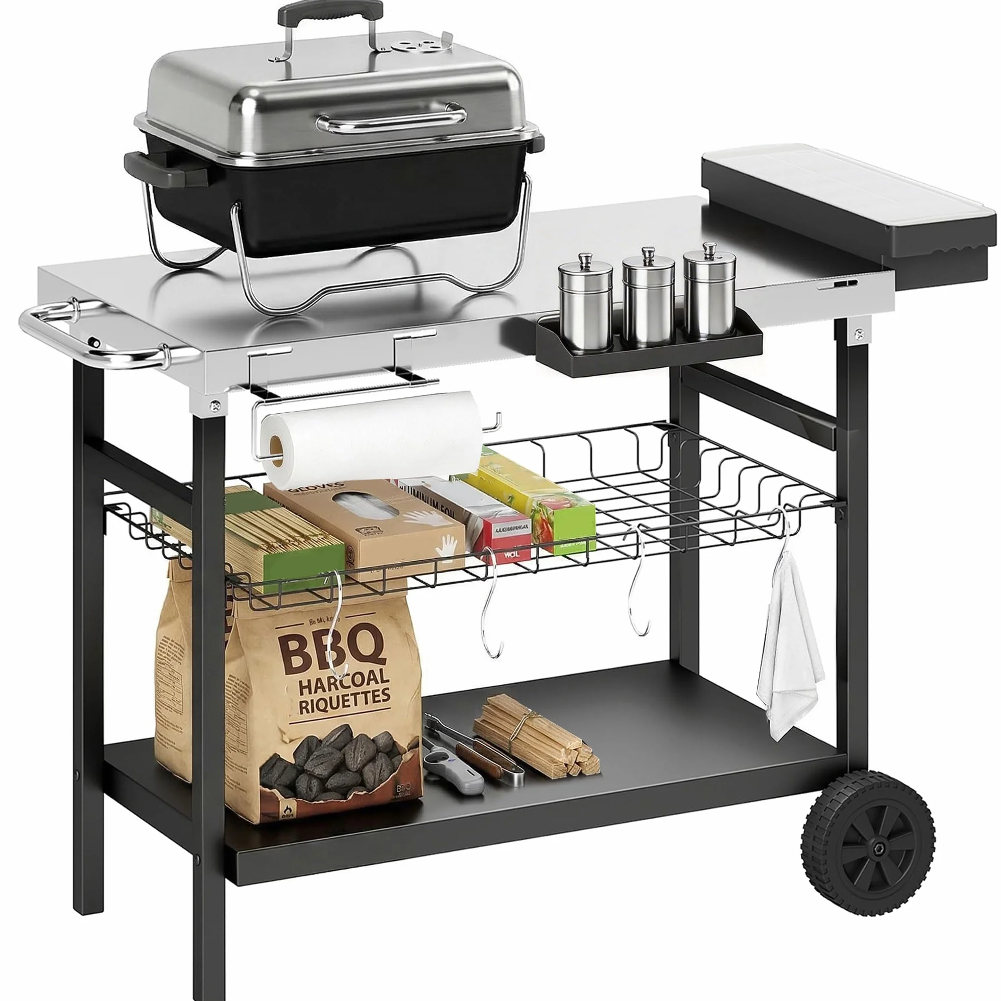 Outsunny Carrello Barbecue da Esterno con Piano in Acciaio Inossidabile, Carrello Cucina da Esterno con 2 Ruote, Porta Spezie, 4 Ganci e Maniglia Laterale, 114x61x81 cm, Nero