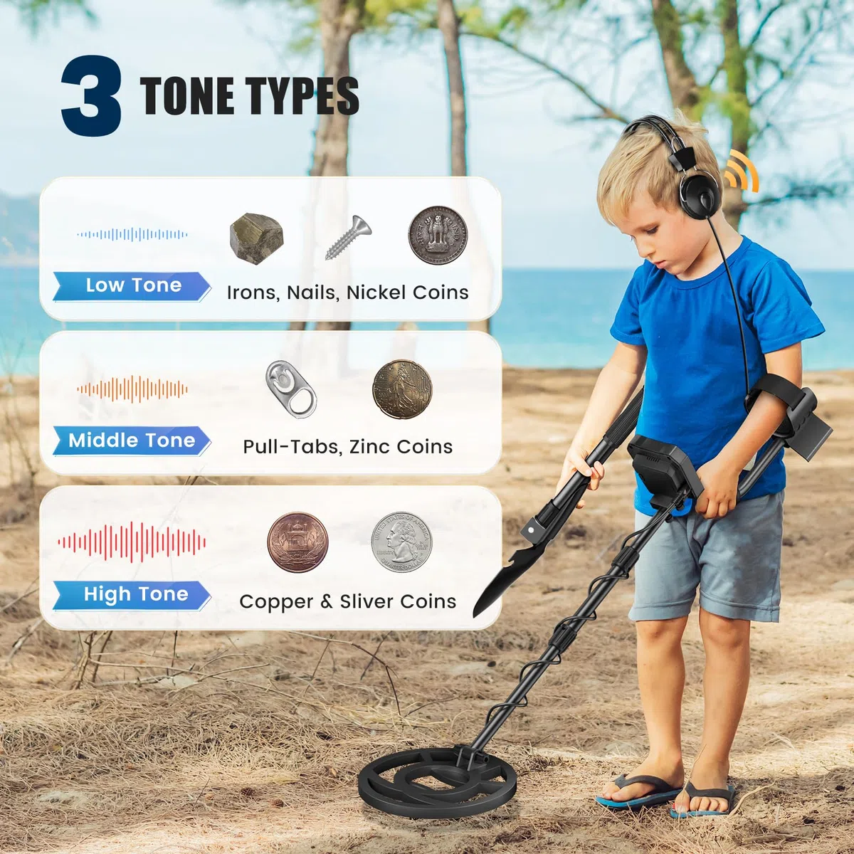 Metal detector professionale con 2 batterie, 5 modalità Metal detector per adulti e bambini, chip anti-interferenza, impermeabile IP68, alimentazione a batteria e USB (Azzurro)