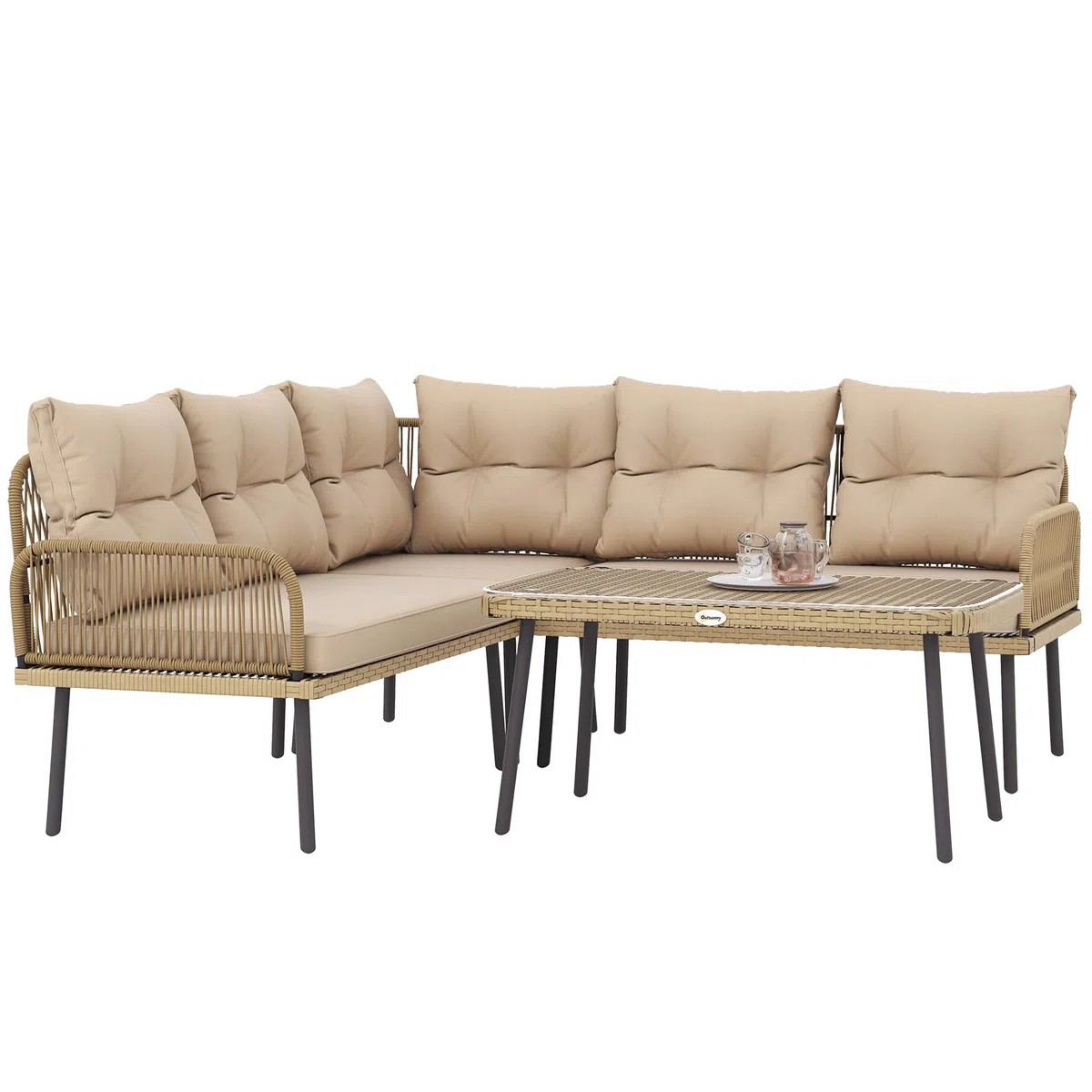 Outsunny Set di Mobili da Giardino in Rattan 4 Pezzi, Salotto da Esterno con 2 Divano a 2 Posti, Poltrona Angolare, Tavolino da Caffè in Vetro e Cuscini Lavabili, Struttura in Acciaio, Naturale/Beige