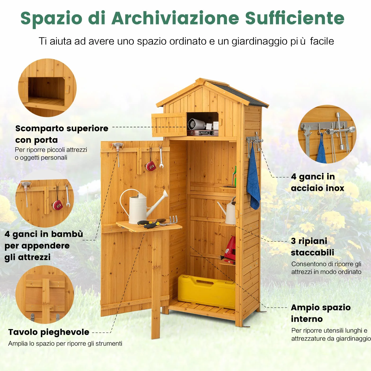 RELAX4LIFE Armadio da Esterno in Legno Massello Verniciato Giallo – Doppia Porta + Tavolino Pieghevole – Tetto in Asfalto Antipioggia – 65x42x180,5 cm – per Giardino, Patio e Cortile