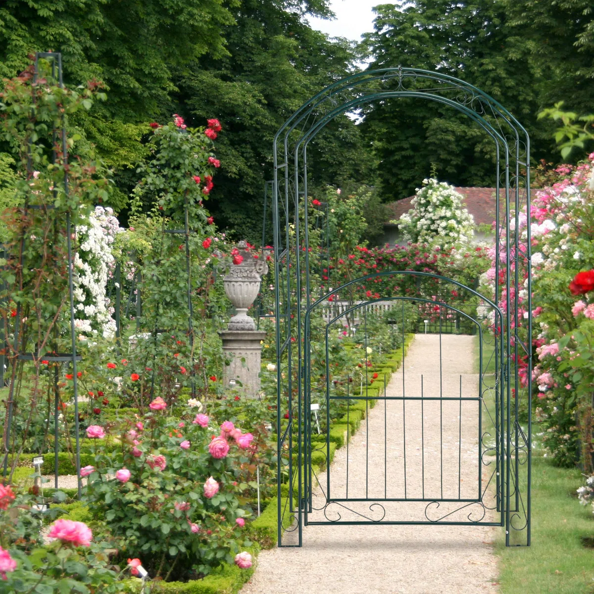 Relaxdays Arco per Rose con Cancelletto, Sostegno per Rampicanti, in Metallo, Resistente, HLP 215x115x43 cm, Verde