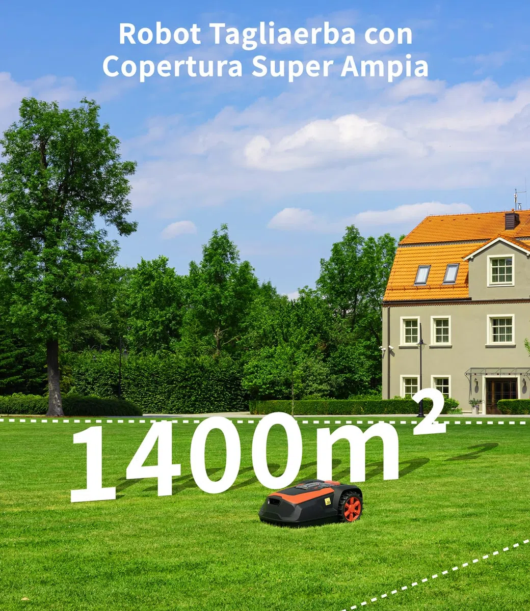 Robot Tagliaerba con Filo Perimetrale 1400 m², Pendenza 47%, Altezza di Taglio 25-65mm, Controllo via App