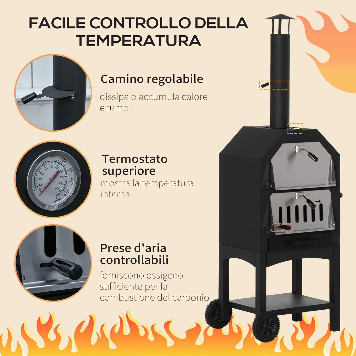 Outsunny Forno per Pizza Barbecue a Carbonella, BBQ da Esterni/Giardino in Acciaio Inox con Termometro, 64x54x160cm