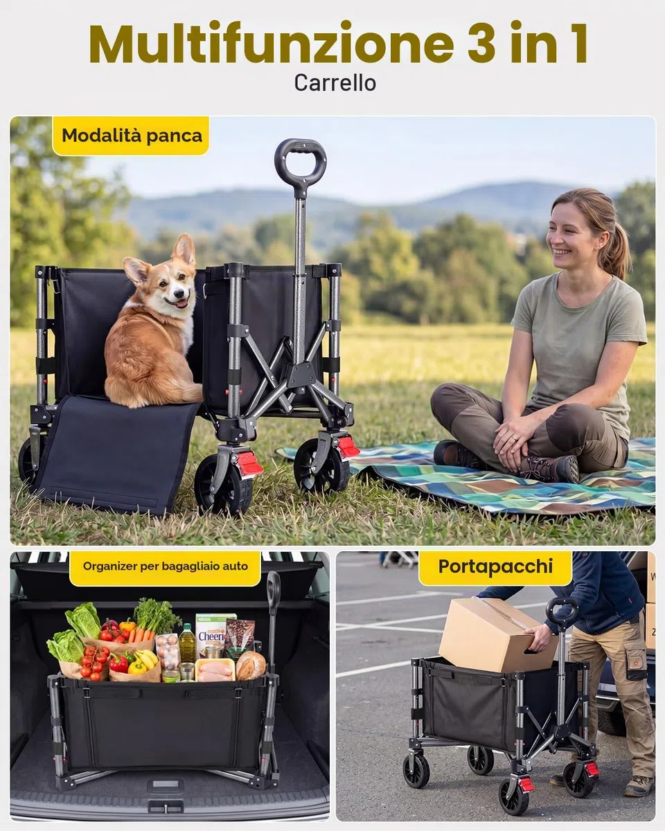 YEAUPE PRO Carrello con Ruote Portatile – 70L, 50kg carico max. – Pieghevole, con zip laterale, rete e manico telescopico – Ideale per campeggio, ufficio e casa – Nero Carbone