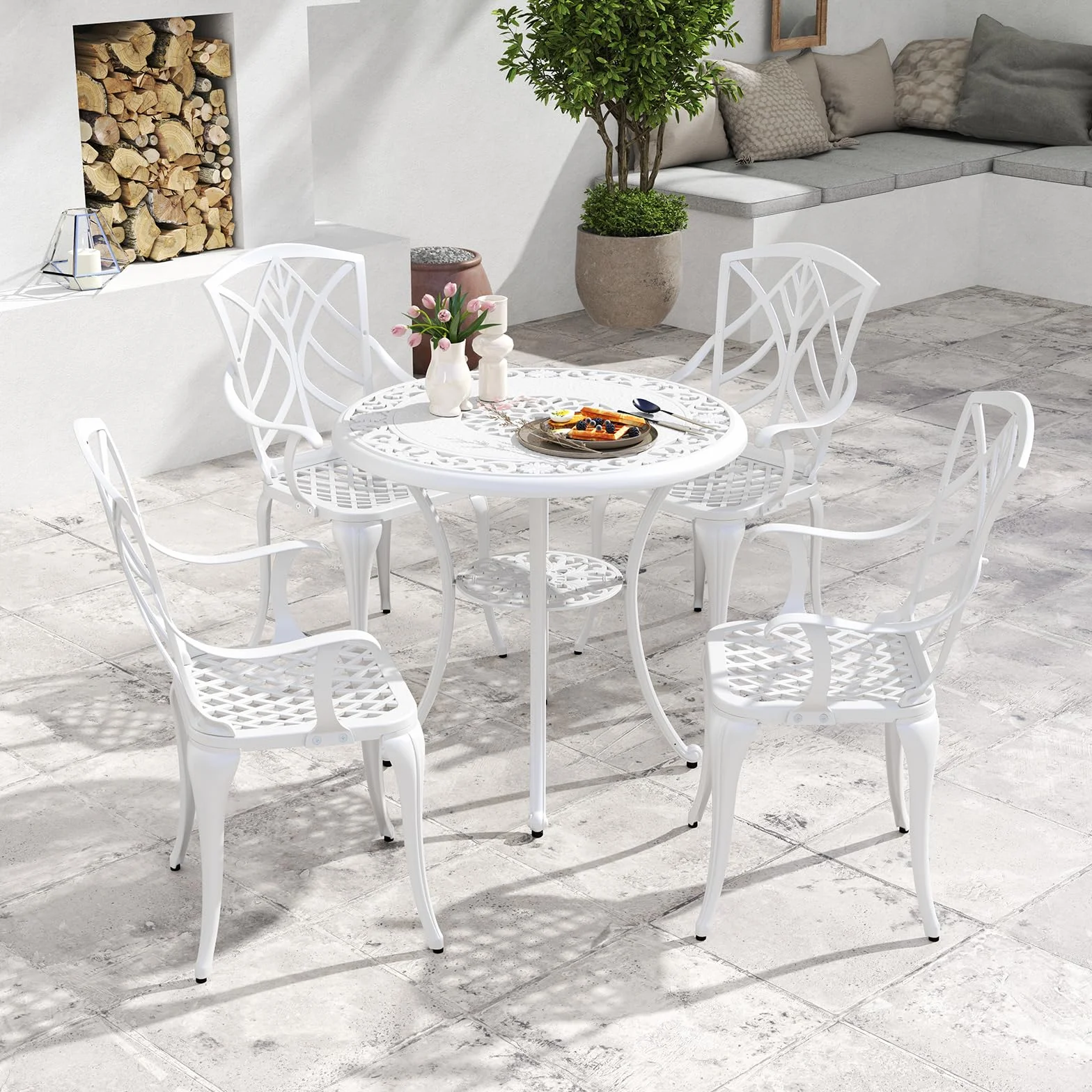 COSTWAY Set Tavolo e Sedie da Giardino, Set da Bistro 5 Pezzi con Foro per Ombrello, Tavolo da Pranzo e 4 Sedie, Arredamento da Giardino in Alluminio, per Giardino e Balcone, Bianco (Modello 2)