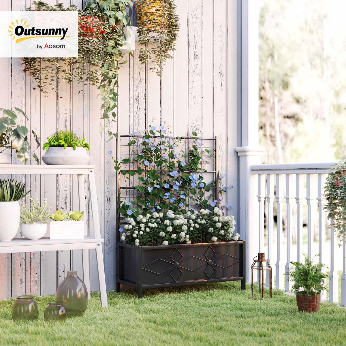 Outsunny Letto per Orto Rialzato da Esterno con Spalliera, Decorazione a Diamante, Fioriera con Traliccio per Piante Rampicanti in Acciaio con 2 Fori di Drenaggio, per Piante, Fiori, 90x40x120cm, Nero