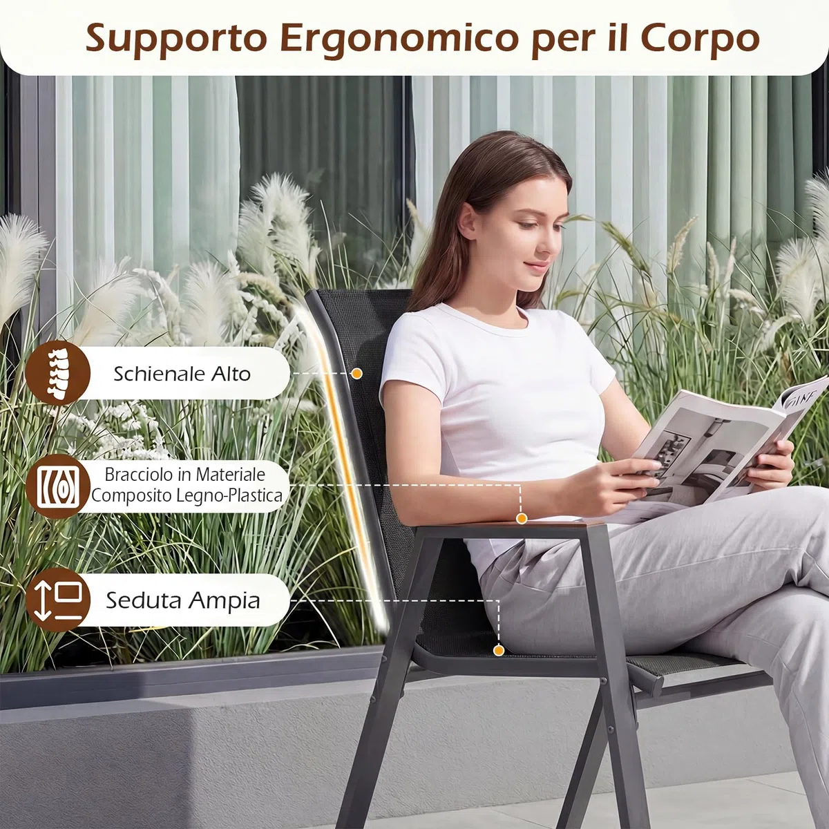 COSTWAY Set di 2/4 Sedie da Giardino, Poltrone in Tessuto Textilene per Esterno, Sedie Impilabili con Gambe in Metallo, Portata 180 kg, 56 x 66 x 88 cm (Nero,4)