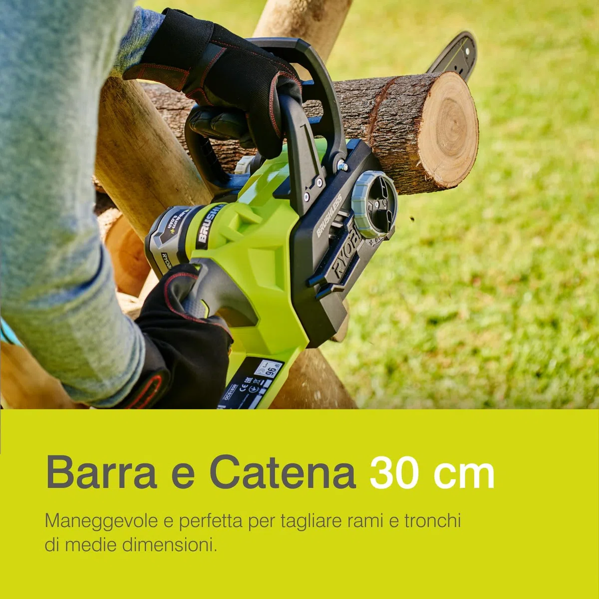 Ryobi OCS1830 Elettrosega Brushless A Batteria 18V ONE+, Impugnatura Ergonomica, Freno Catena Automatico, Batteria Non Inclusa, Barra 30 Cm, Velocità Catena 10m/s