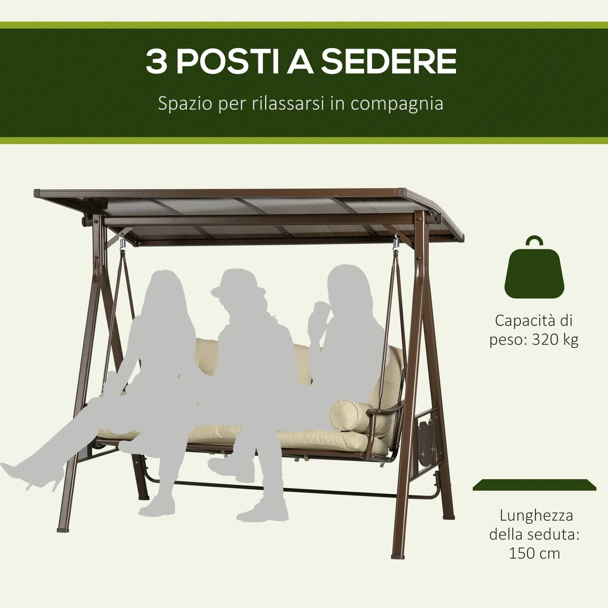 Outsunny Dondolo da Giardino 3 Posti in Acciaio e Poliestere con Tettuccio Inclinabile in PC e Cuscini per Schienale e Braccioli, 208x120x174 cm, Marrone e Kaki