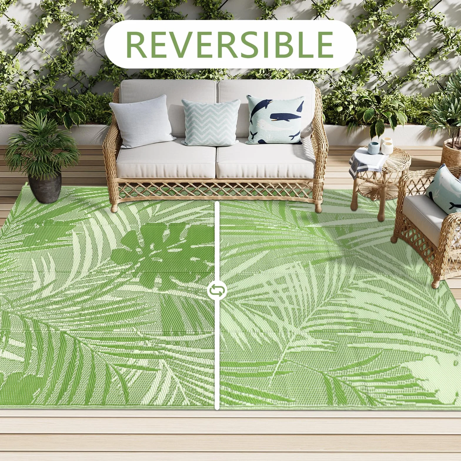 Famibay Tappeto per Esterno Motivo a Foglie Verdi Elegante Tappeto Impermeabile Eeversibili e Resistente ai Raggi UV per Giardino, Patio, Spiaggia, Picnic, Campeggio, Cortile 150 x 245 cm