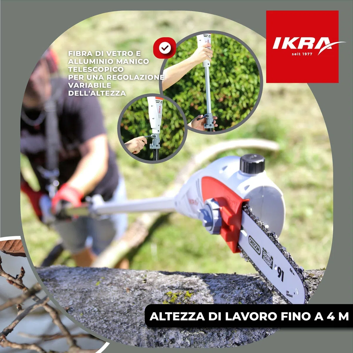 IKRA potatore telescopico elettrico IEAS 750, lunghezza di taglio 185 mm, con tracolla inclusa