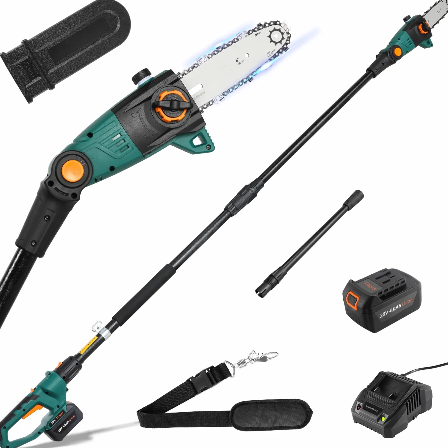 Potatore Telescopico, Sega Potatrice Elettrica, Sega ad Asta a Batteria, Batteria 20V 4Ah e Caricabatterie, Lama 24cm, Velocità Catena 5 m/s, Auto-Lubrificante, Testa Inclinabile, incl. Tracolla, 4 M