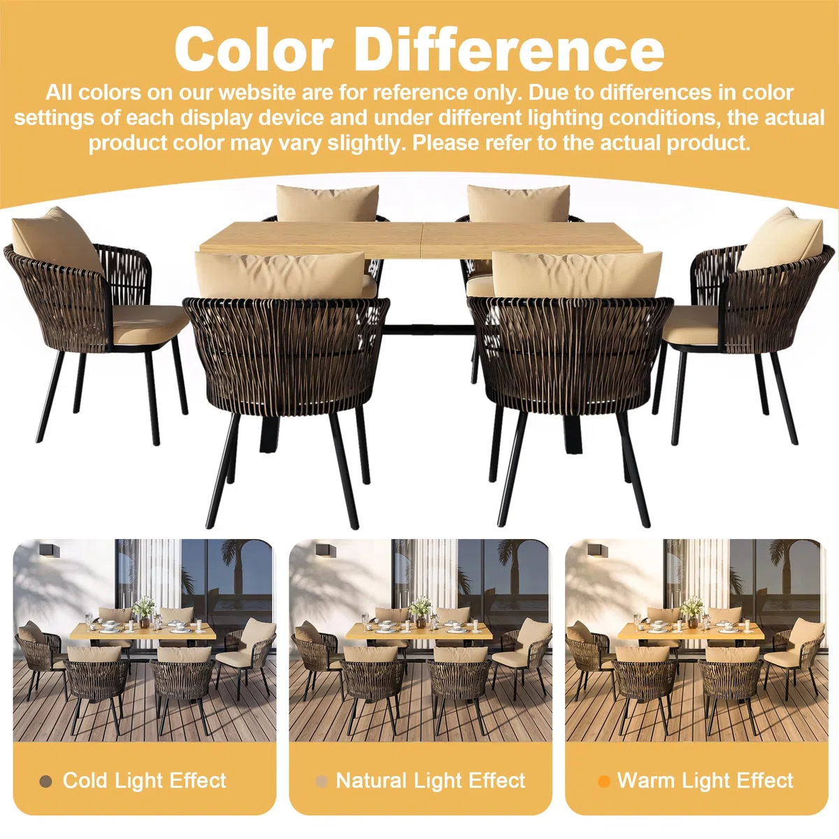 Moderno set da pranzo per esterni, set da giardino in rattan, per il tempo libero e la riunione per più persone, struttura in ferro, intrecciato, cuscino incluso.