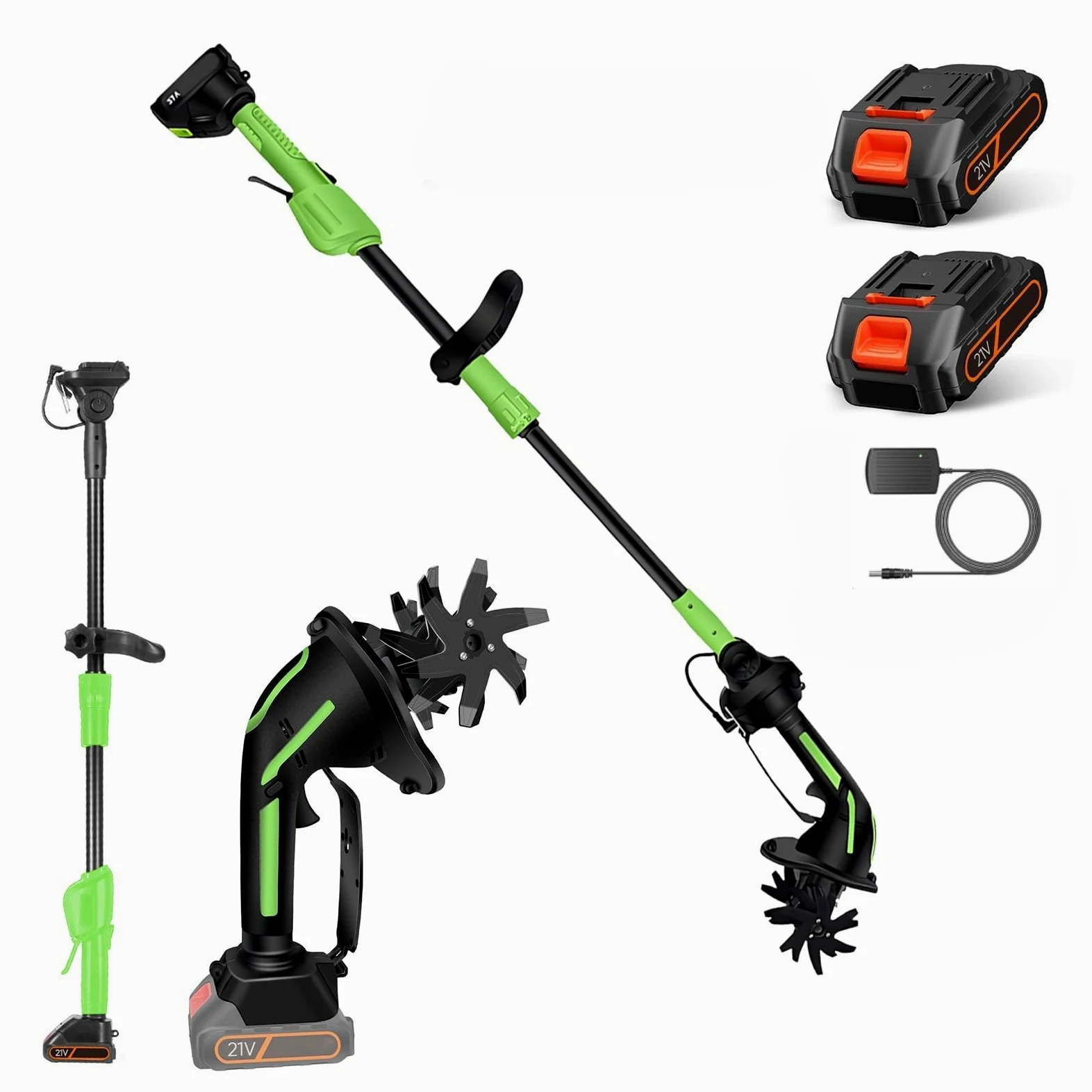 Motozappa Electrica 650 W, Mini Motozappa Batteria con Batteria 3000 mAh, Asta da 1,3 m, Larghezza di lavorazione 10 cm, Profondità di lavorazione 10 cm per allentare la Terra in giardini, orti e