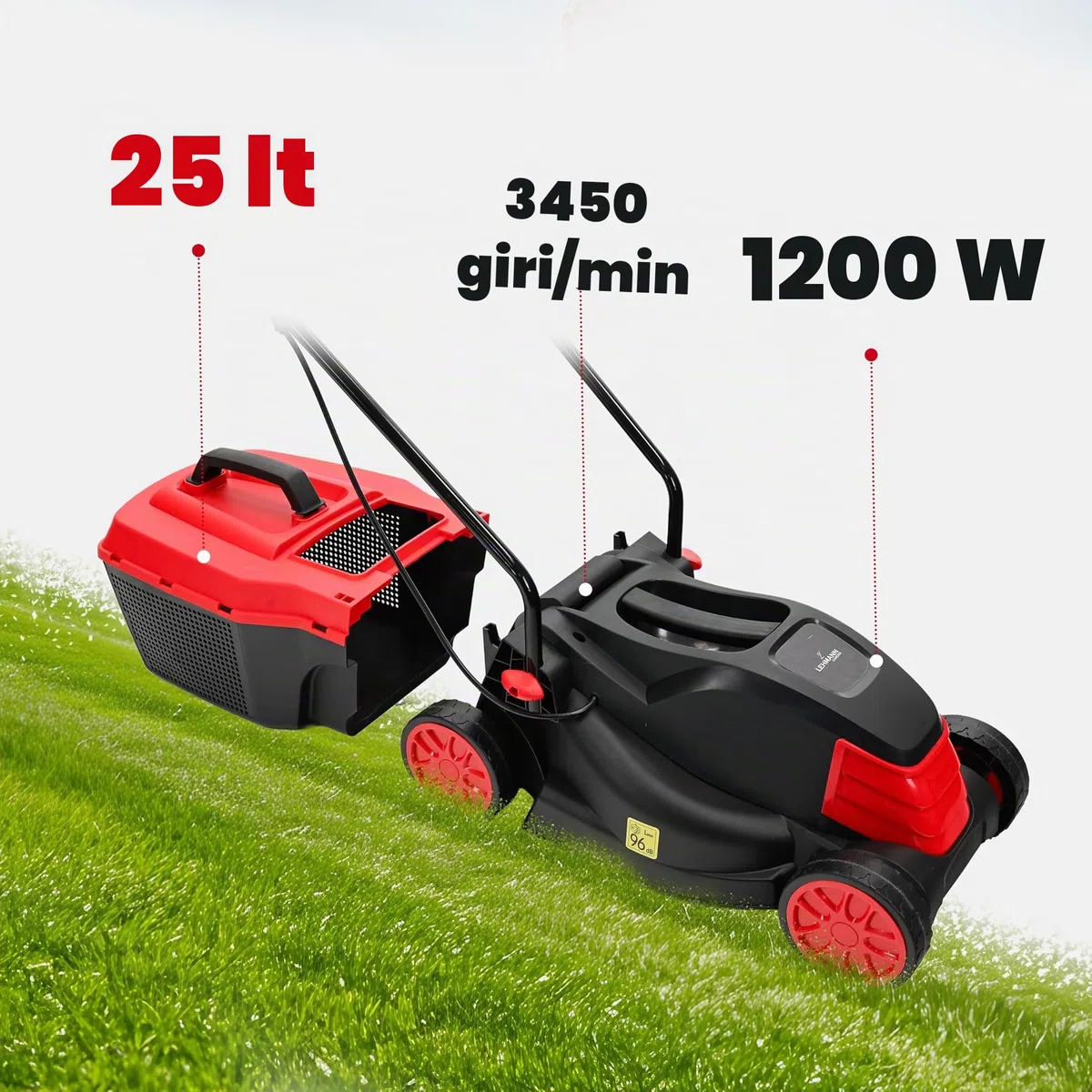LEHMANN Tagliaerba Elettrico, 1200 W, Larghezza di Taglio 32 cm, Cesto Raccoglierba 25 L, Regolazione Altezza Taglio 3 Livelli 25–65 mm, per superfici fino a 500 m², 3450 giri/min