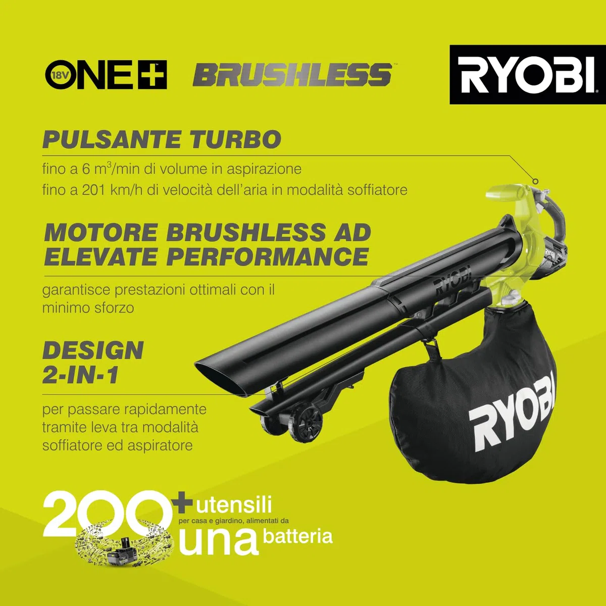 Ryobi Soffiatore Aspiratore Brushless a Batteria 18V ONE+, Aspiratore e Soffiatore 2-in-1, con Lame Metalliche Tritura Foglie, Sacco di Raccolta Incluso, Batteria Non Inclusa, OBV18