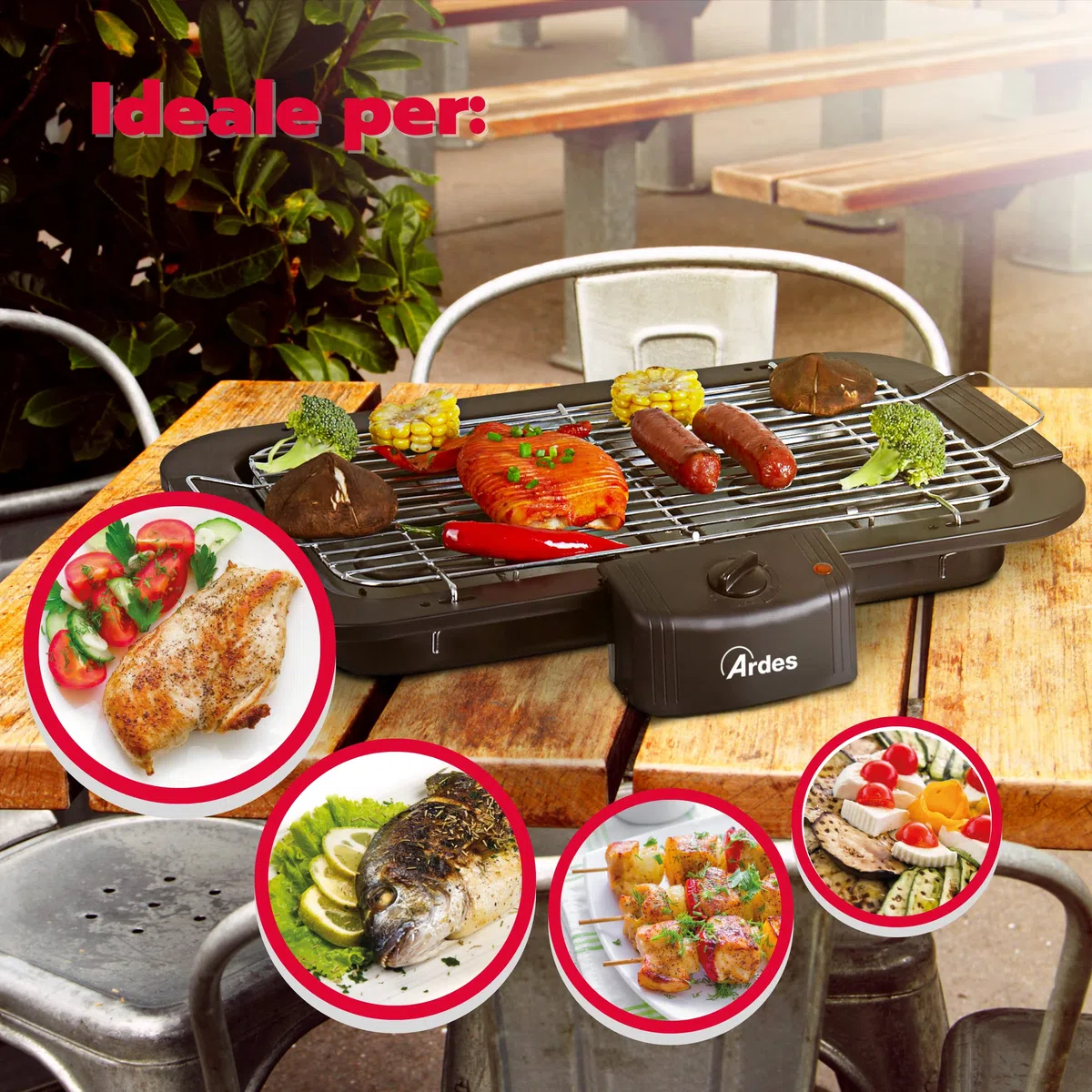 Ardes BRASITO1 Barbecue Elettrico senza Fumo 2200 W con Griglia Rimovibile, Vaschetta per Acqua e Termostato Regolabile, Ideale per Interni ed Esterni