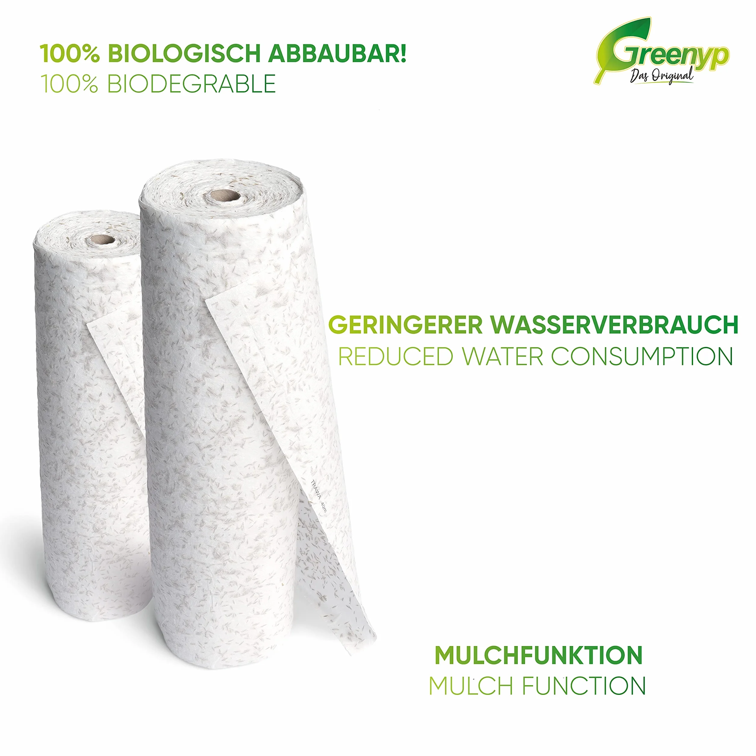 Greenyp all-in-One Tappeto erboso per Semi d’Erba, stuoia biodegradabile, a Rotoli, Semi di Erba integrati con fertilizzanti per Prato, 0,5m x 20m (10m²)