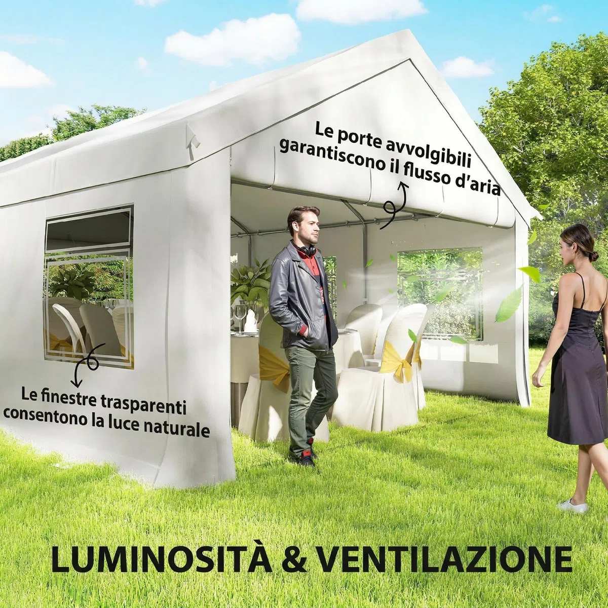 Outsunny Tendone per Feste 4x6 m con Pareti Laterali, Gazebo da Giardino in Acciaio Zincato a Caldo con 2 Porte a Cerniera, 6 Finestre, Corde, Gazebo da Esterno per Matrimoni Eventi, UV30+, Bianco