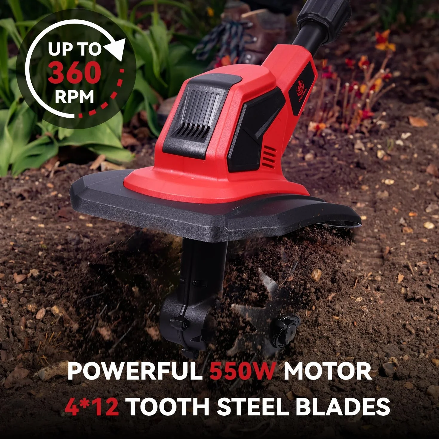 ONEVAN Motozappa Elettrica, 550W Motozappa a Batteria, Larghezza 23 cm e Profondità 16 cm, 2 batterie da 4,0 Ah, Impugnatura Regolabile, Zappatrice Elettrica, per Giardinaggio e Coltivate