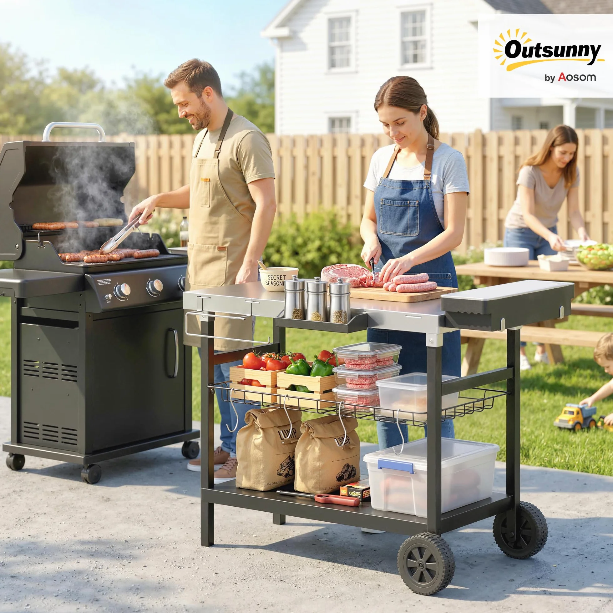 Outsunny Carrello Barbecue da Esterno con Piano in Acciaio Inossidabile, Carrello Cucina da Esterno con 2 Ruote, Porta Spezie, 4 Ganci e Maniglia Laterale, 114x61x81 cm, Nero