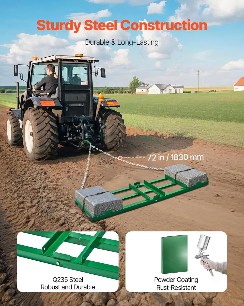 VEVOR Erpice Trainato per Impieghi Gravosi con Barre Regolabili e Catena 1830 mm, per Vialetti per ATV, UTV, Trattore, Tosaerba Trainato Dietro Strumento di Livellamento del Prato Cortile
