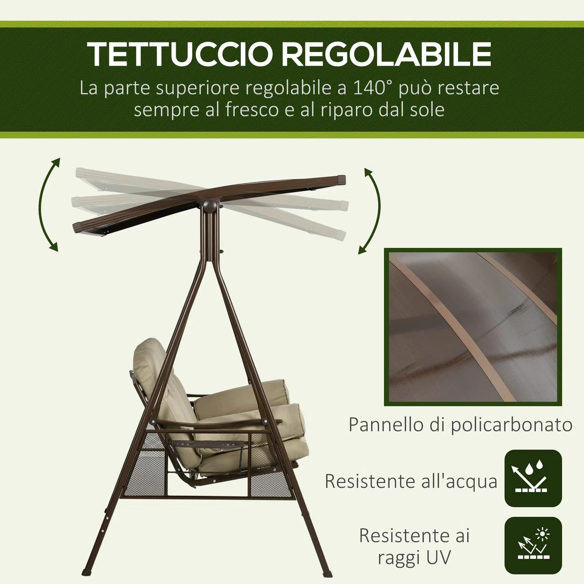 Outsunny Dondolo da Giardino 3 Posti in Acciaio e Poliestere con Tettuccio Inclinabile in PC e Cuscini per Schienale e Braccioli, 208x120x174 cm, Marrone e Kaki