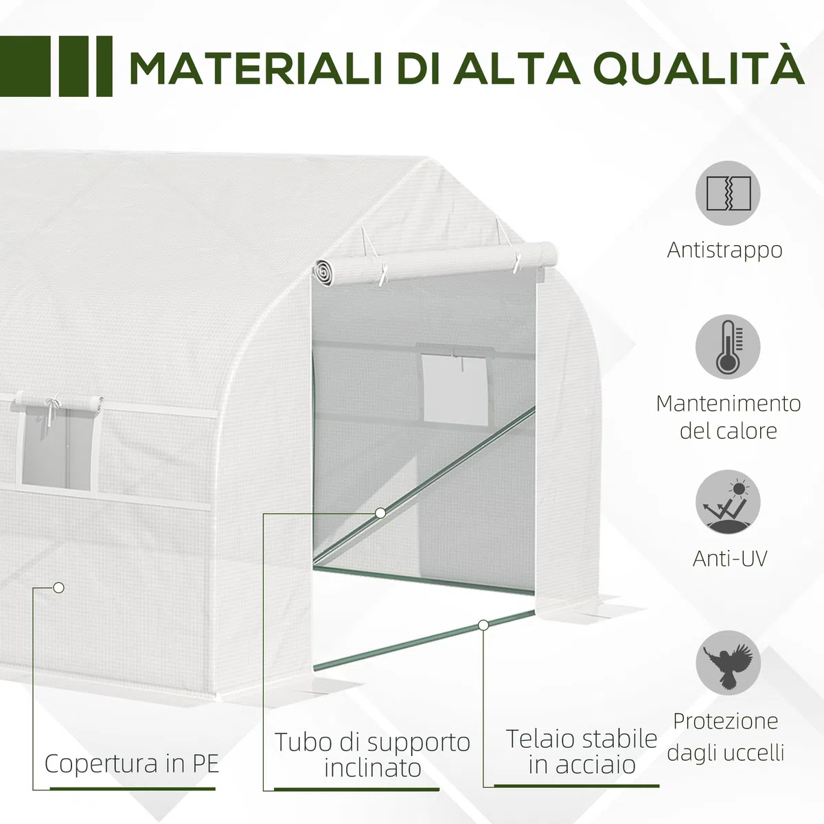 Outsunny Serra a Tunnel 6x3x2m con 8 Finestre e Porta Avvolgibile, Serra per Orto con 4 Picchetti e 4 Funi Incluse, in Acciaio e PP, Bianco