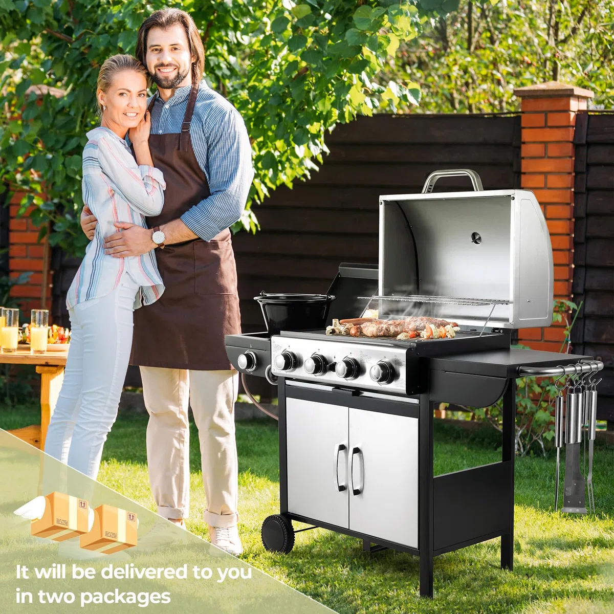 4+1 Bruciatore Barbecue a Gas in Acciaio Inox Con Termometro e Piano Cottura Laterale, 14.05KW BBQ Ad Alte Prestazioni per Giardini, Feste, Campeggio