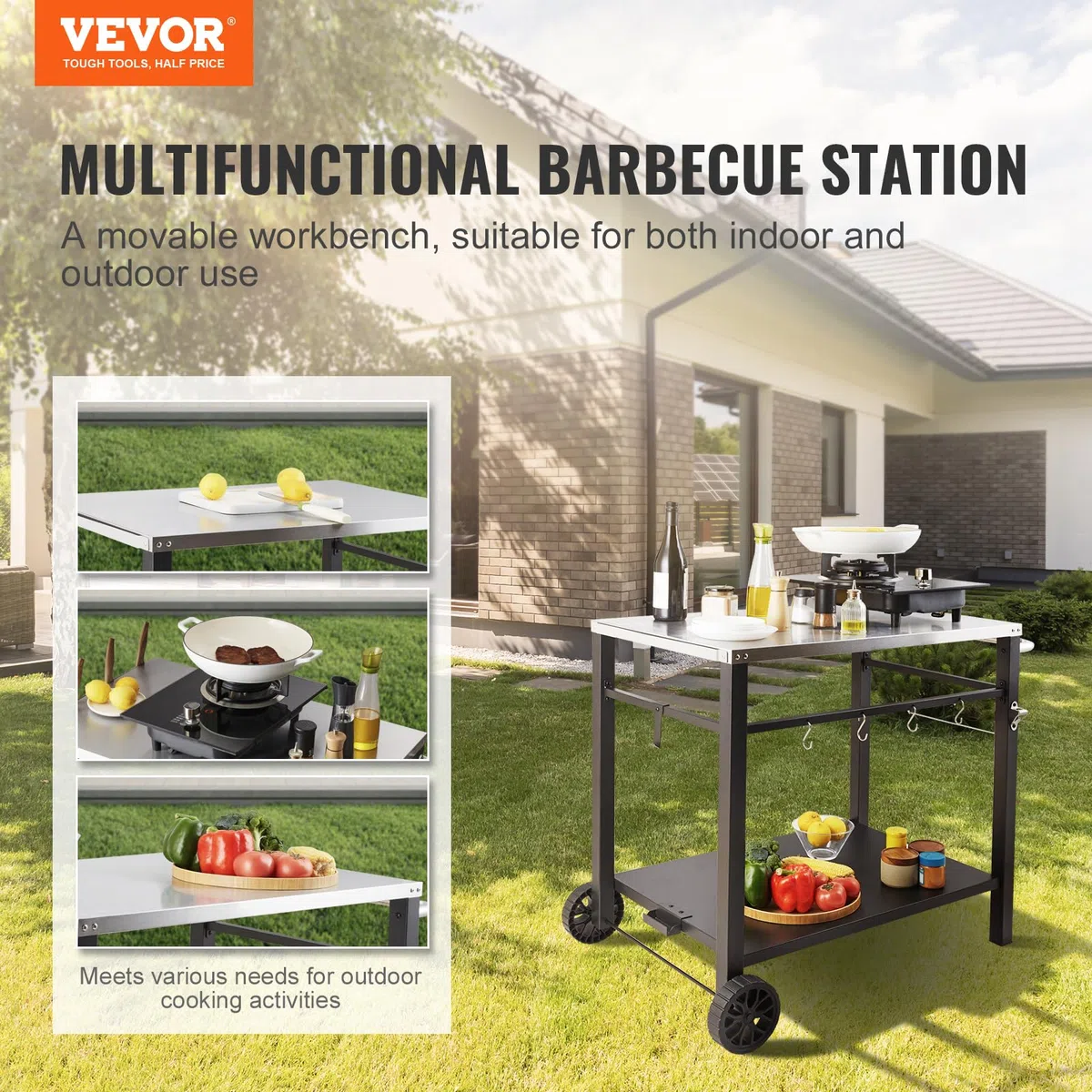 VEVOR Carrello da Pranzo per BBQ da Esterno con Doppio Ripiano, Tavolo Mobile Preparazione degli Alimenti per Barbecue, Piano Multifunzionale in Ferro Pieghevole, Carrelli da Esterno Piano 85x55 cm