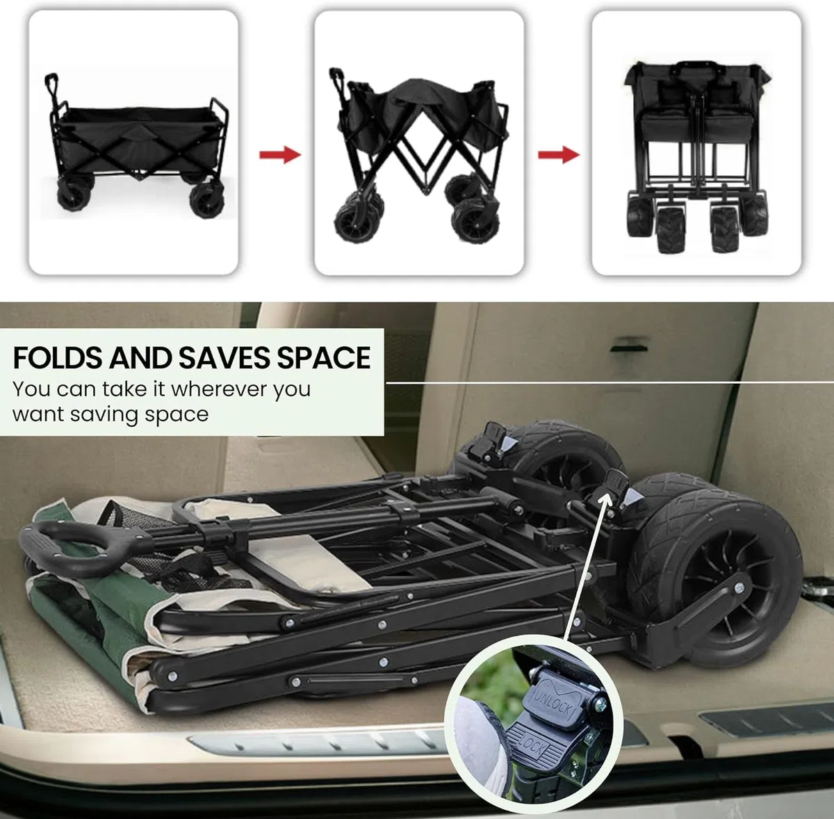 Carrello Pieghevole da Spiaggia per Campeggio, Picnic e Giardino - Trasformabile in Tavolo con Borsa e Maniglia Regolabile - Freni Inclusi