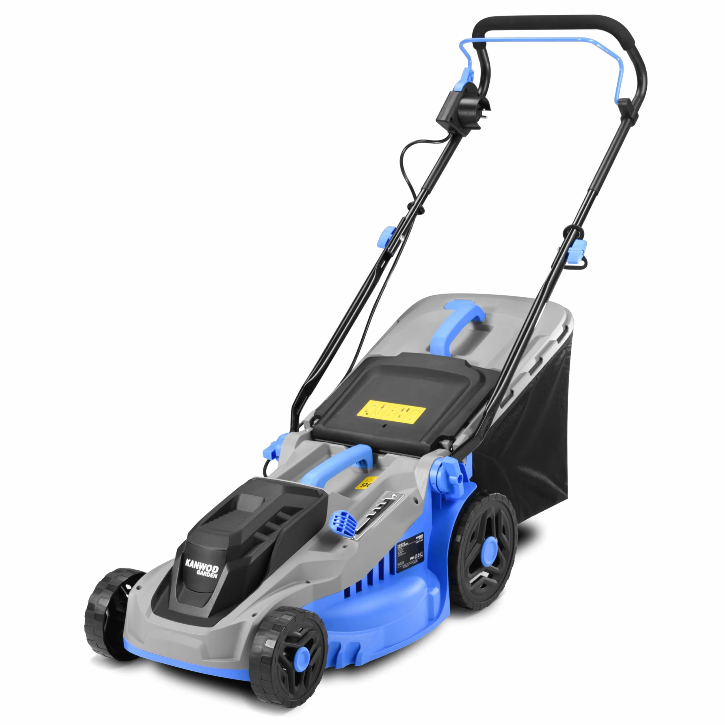 KANWOD Tagliaerba Elettrico, 1600 W, Larghezza di Taglio 38 cm, Cesto Raccoglierba 42 L, Regolazione Altezza Taglio 5 Livelli 30-75 cm, Tosaerba per superfici fino 1000 m², 3400 giri/min, Grigio/Blu